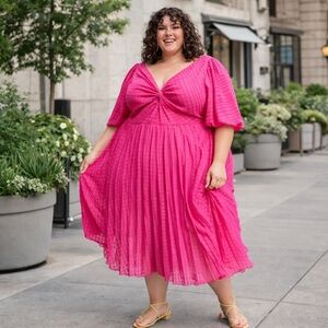 ASOS Design Curve NWT Hot Pink Textured Pleated Midi Dress | Puff Sleeves Twist